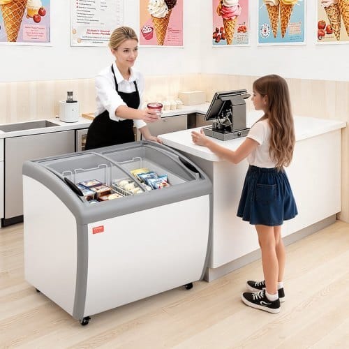 Commercial Ice Cream Display Case, 9.3 Cu.ft Chest Freezer, -19 to 3?„‰ Temp Adjustable Mobile Top Deep Freezer with 3 Wire Baskets, 2 Sliding Glass Doors, Locking Casters & LED Strip Lighting