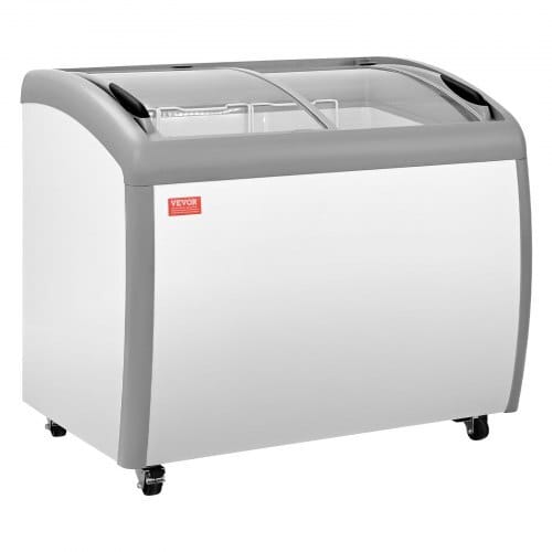 Commercial Ice Cream Display Case, 9.3 Cu.ft Chest Freezer, -19 to 3?„‰ Temp Adjustable Mobile Top Deep Freezer with 3 Wire Baskets, 2 Sliding Glass Doors, Locking Casters & LED Strip Lighting