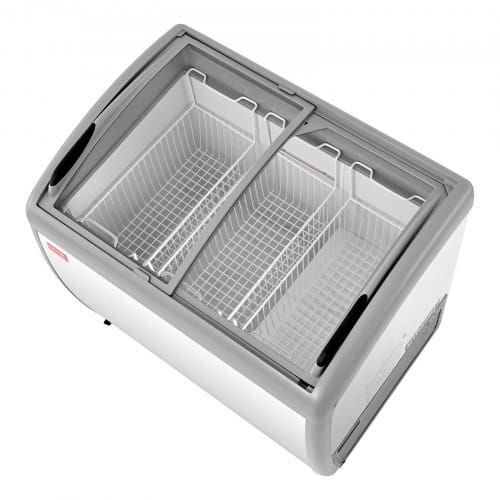 Commercial Ice Cream Display Case, 9.3 Cu.ft Chest Freezer, -19 to 3?„‰ Temp Adjustable Mobile Top Deep Freezer with 3 Wire Baskets, 2 Sliding Glass Doors, Locking Casters & LED Strip Lighting