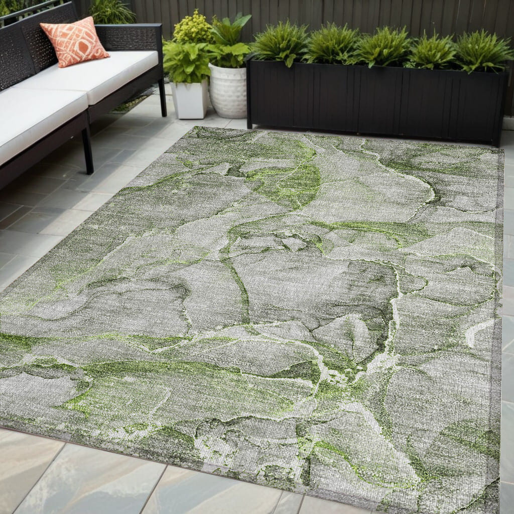 5' X 8' Green Abstract Washable Non Skid Indoor Outdoor Area Rug