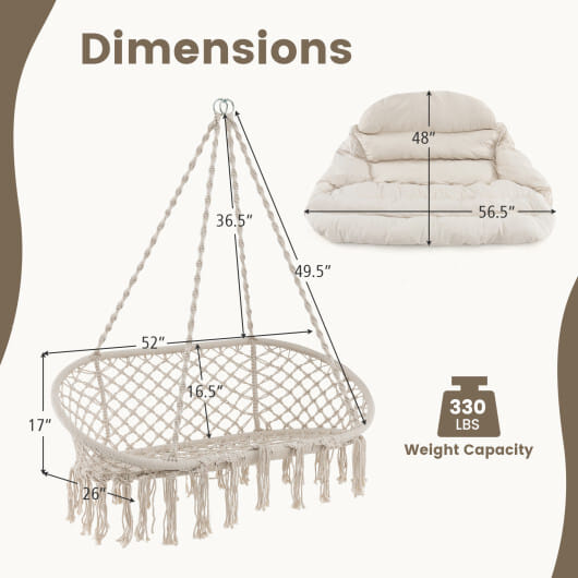 Hand-Woven Rope Hanging Chair with Thick Cushion and Folding Metal Frame-Beige