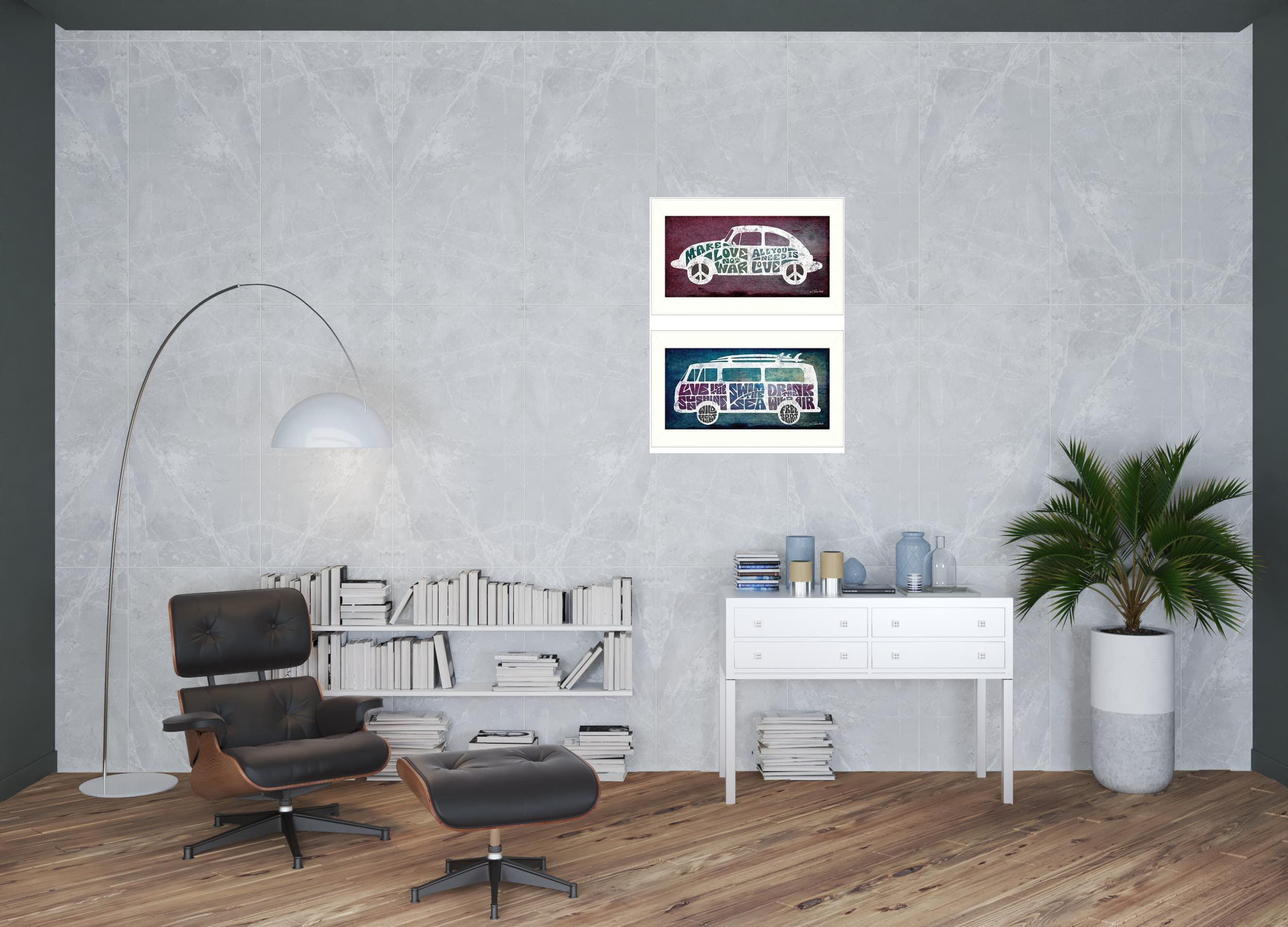 Set Of Two Retro White Framed Print Wall Art