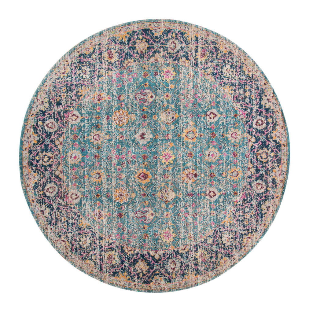 6' Teal Navy and Orange Floral Power Loom Worn Faded Round Rug