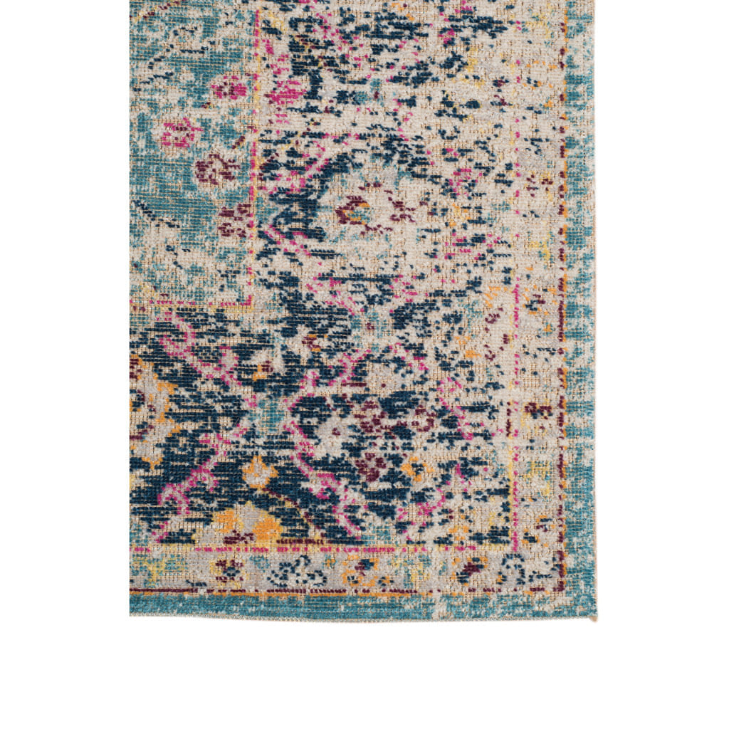 6' Teal Navy and Orange Floral Power Loom Worn Faded Round Rug