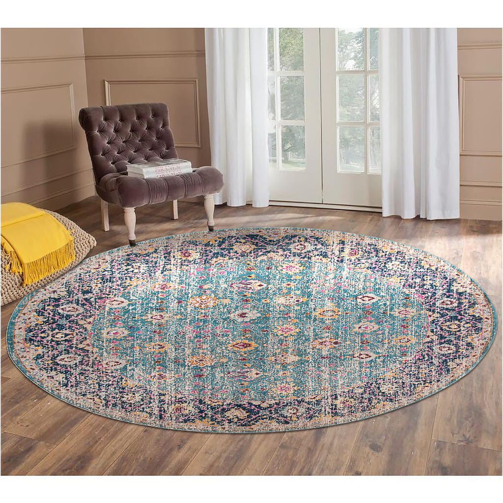 6' Teal Navy and Orange Floral Power Loom Worn Faded Round Rug