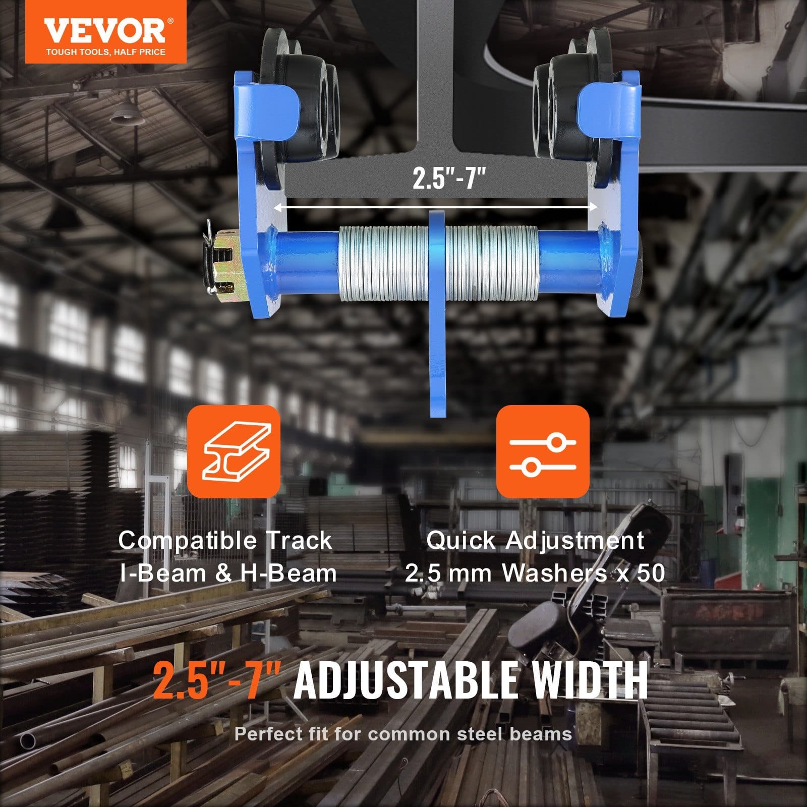 Manual Trolley, 4400 lbs/2 Ton Load Capacity, Push Beam Trolley with Dual Wheels, Adjustable for I-Beam Flange Width 2.5" to 7", Heavy Duty Alloy Steel Garage Hoist for Straight Curved I Beam