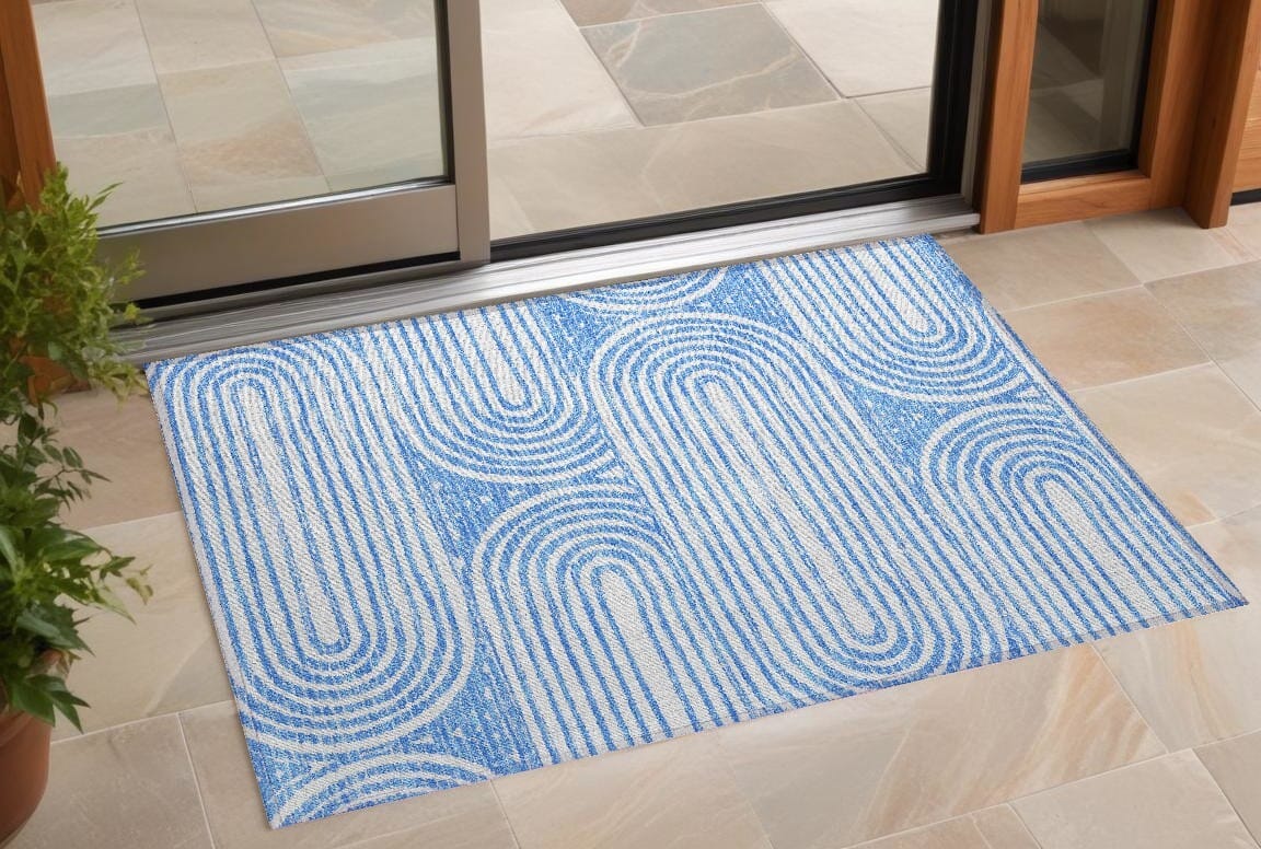 2' X 3' Blue and White Abstract Washable Non Skid Indoor Outdoor Area Rug