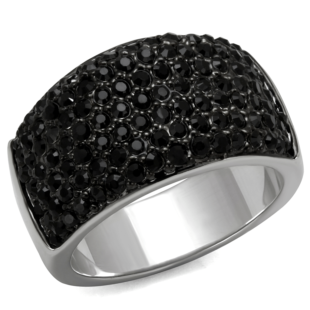 LO4086 - Rhodium+Hematite Brass Ring with Top Grade Crystal in Jet