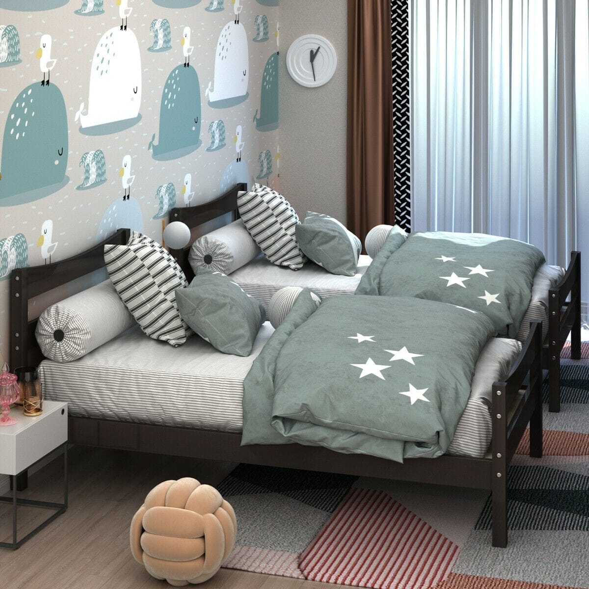 Twin Size Rustic Style Platform Bed Frame with Headboard and Footboard-Dark Brown - Color: Dark Brown