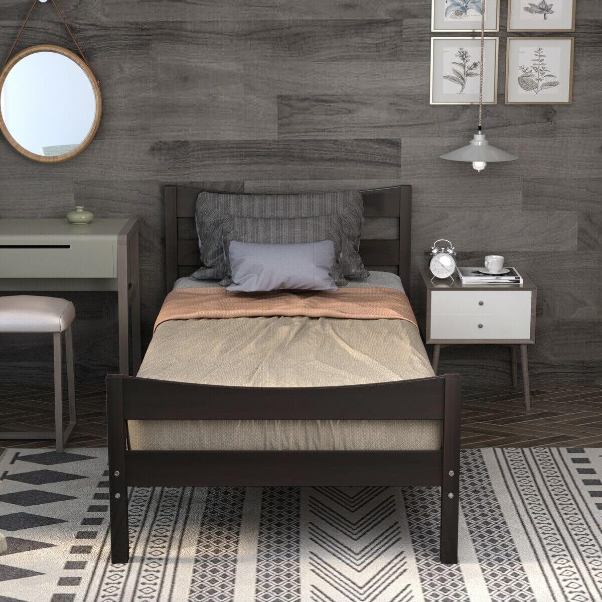 Twin Size Rustic Style Platform Bed Frame with Headboard and Footboard-Dark Brown - Color: Dark Brown