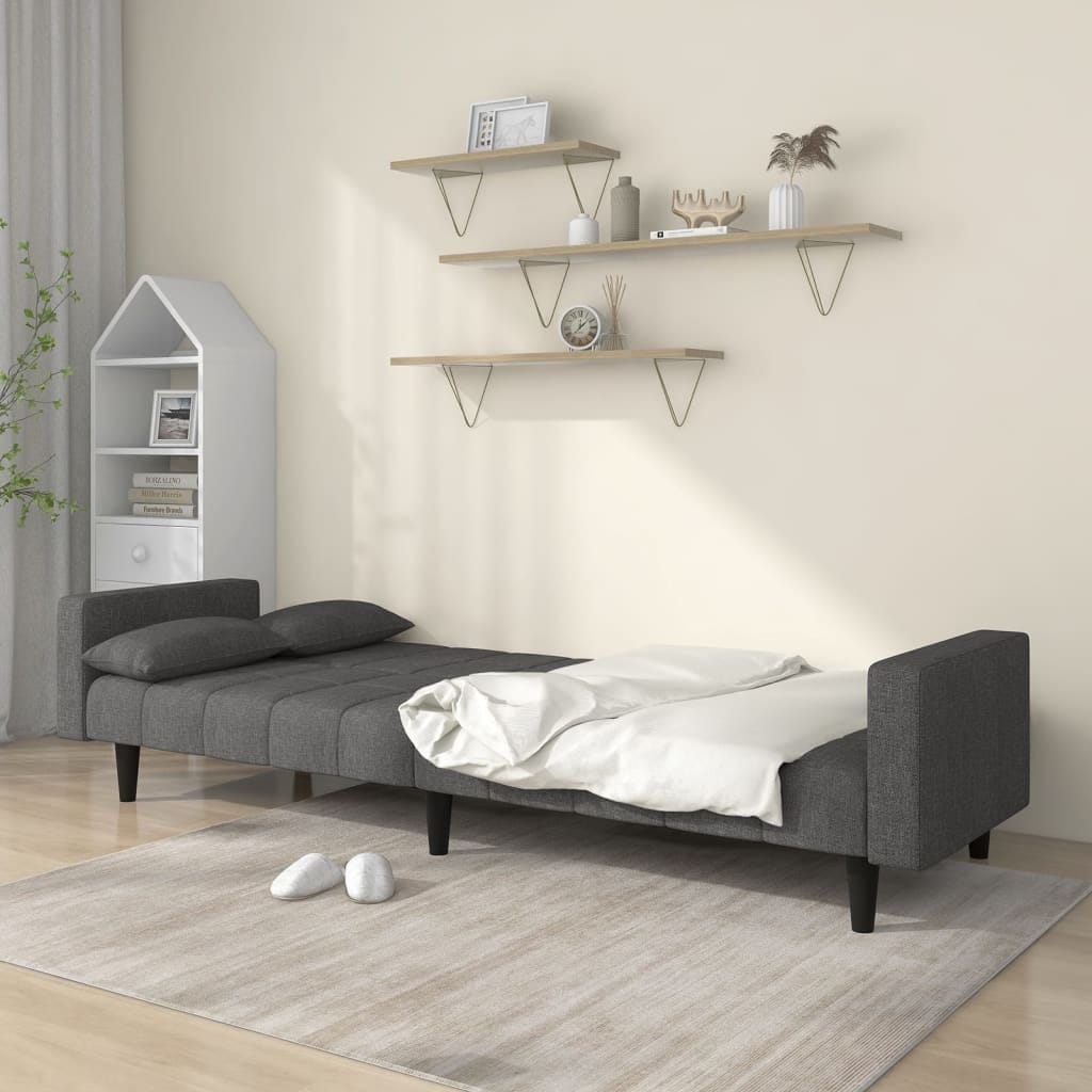 2-Seater Sofa Bed with Two Pillows Dark Gray Fabric