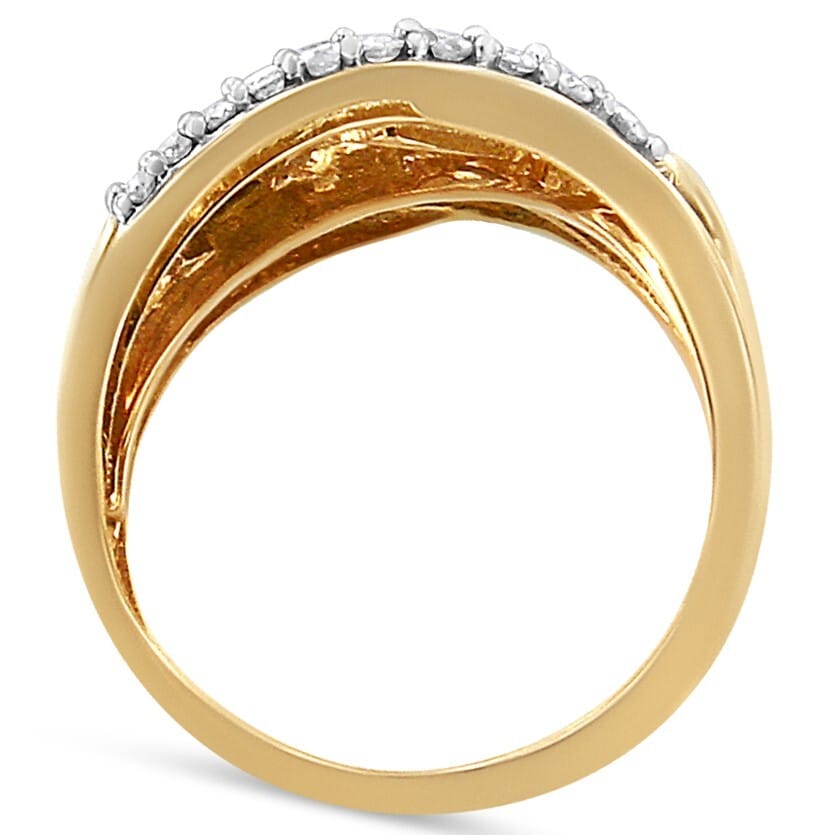 10K Yellow and White Gold 1.0 Cttw Round and Baguette-Cut Diamond Multirow Interwoven Cocktail Ring (I-J Color, I2-I3 Quality) - Size 6