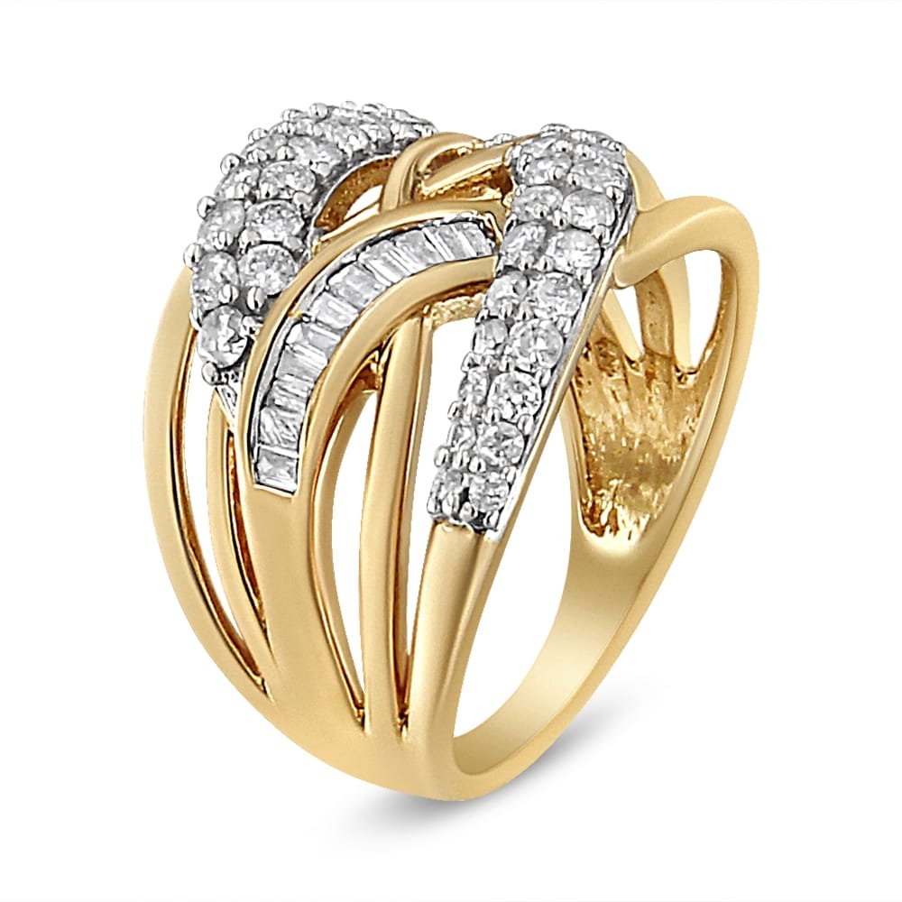 10K Yellow and White Gold 1.0 Cttw Round and Baguette-Cut Diamond Multirow Interwoven Cocktail Ring (I-J Color, I2-I3 Quality) - Size 6