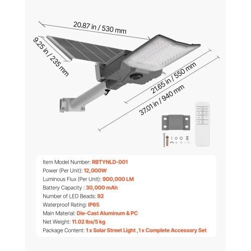 12000W Solar Street Light Outdoor, 900000LM, High Powered Commercial Parking Lot Light Dusk to Dawn, Split Type LED Flood Security Lamp with RF Remote Control, IP65 Waterproof, for Driveway Yard