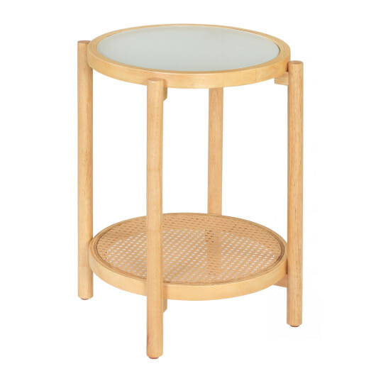 Round Side Table 2-Tier Boho End Table with Tempered Glass Top-Natural