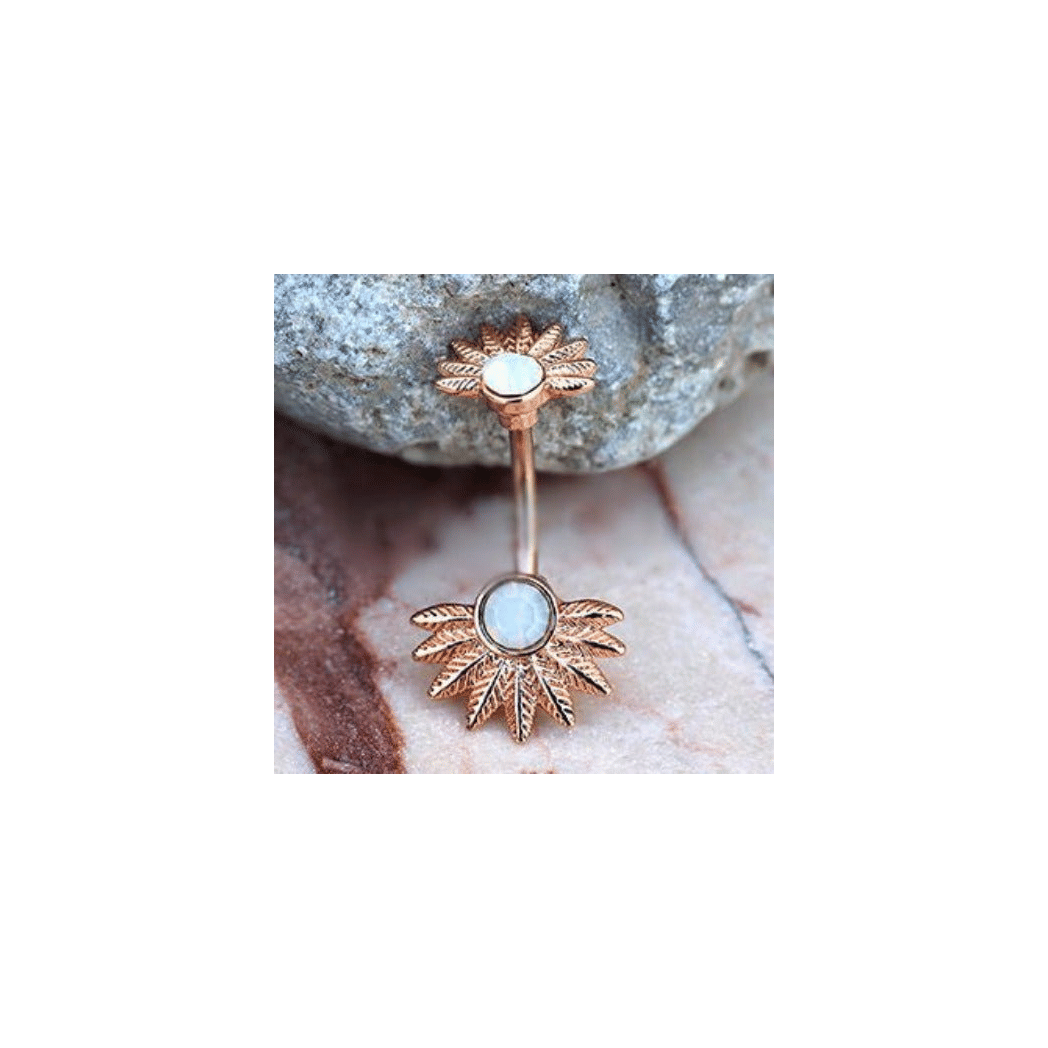 Rose Gold Plated White Synthetic Opal Palm Leaves Navel Rings