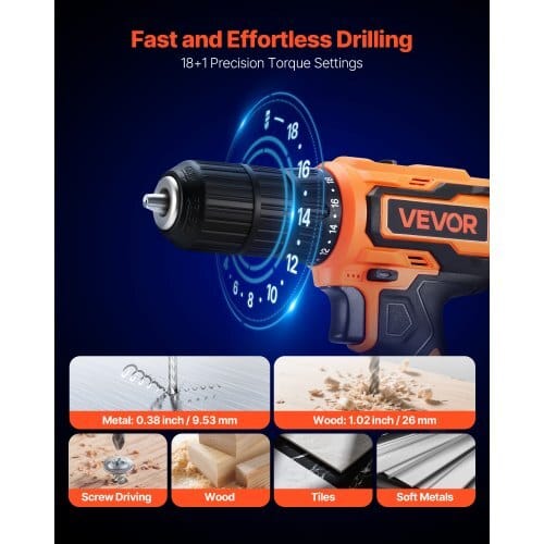 Cordless Drill Driver, 1/2 inch Metal Chuck, Dual-Speed Variable, Drill Driver Kit with Lithium Battery and Charger, Belt Clip, for Wood and Metal Drilling, Screw Tightening or Loosening