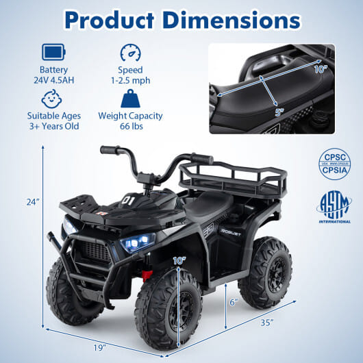 24V Kids Ride on Electric ATV Quad Car with Realistic Sounds and  LED Lights-Black - Color: Black