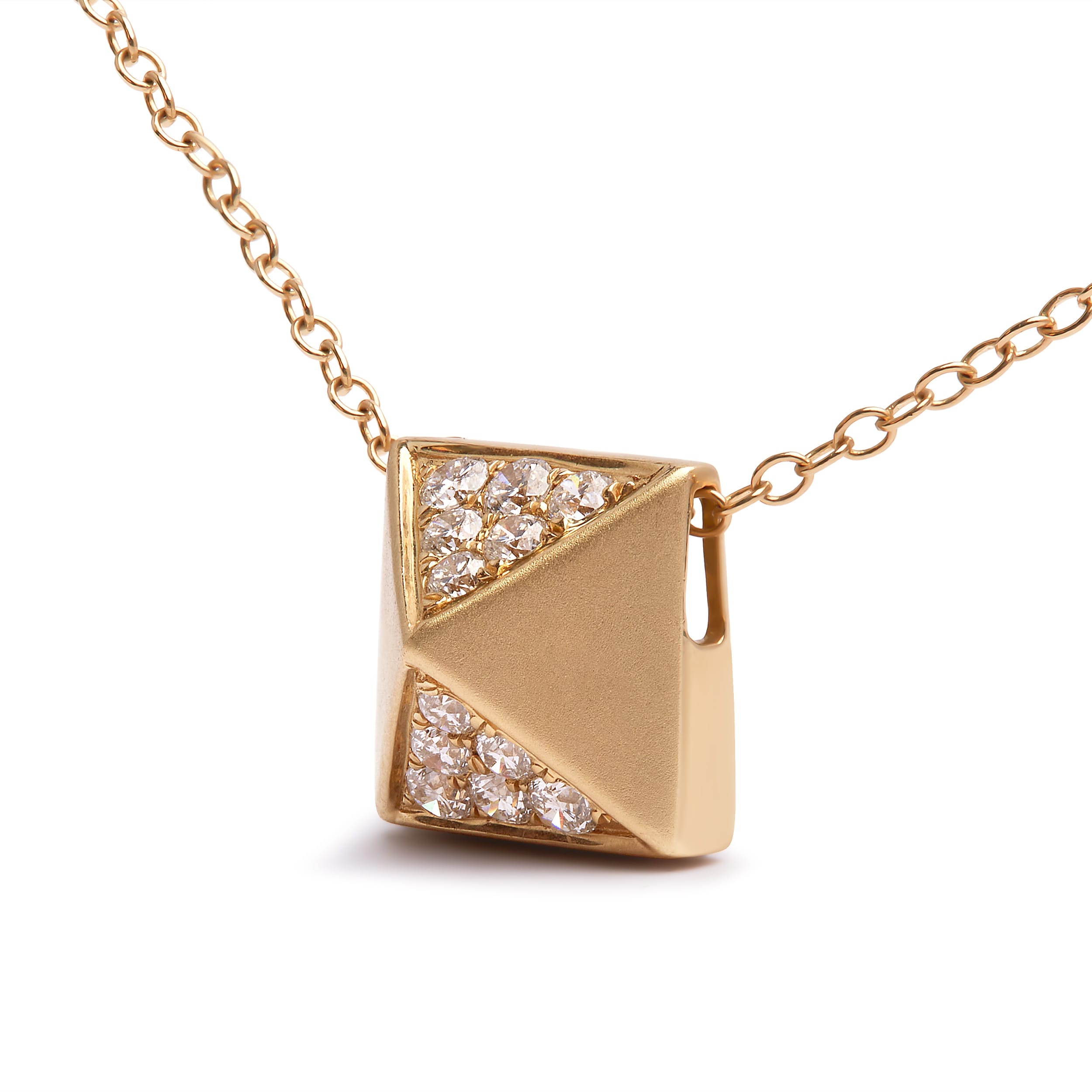 14K Yellow Gold 1/4 Cttw Diamond Matte Finished Pyramid Pendant Necklace (G-H Color, SI1-SI2 Clarity) - 18 Inches