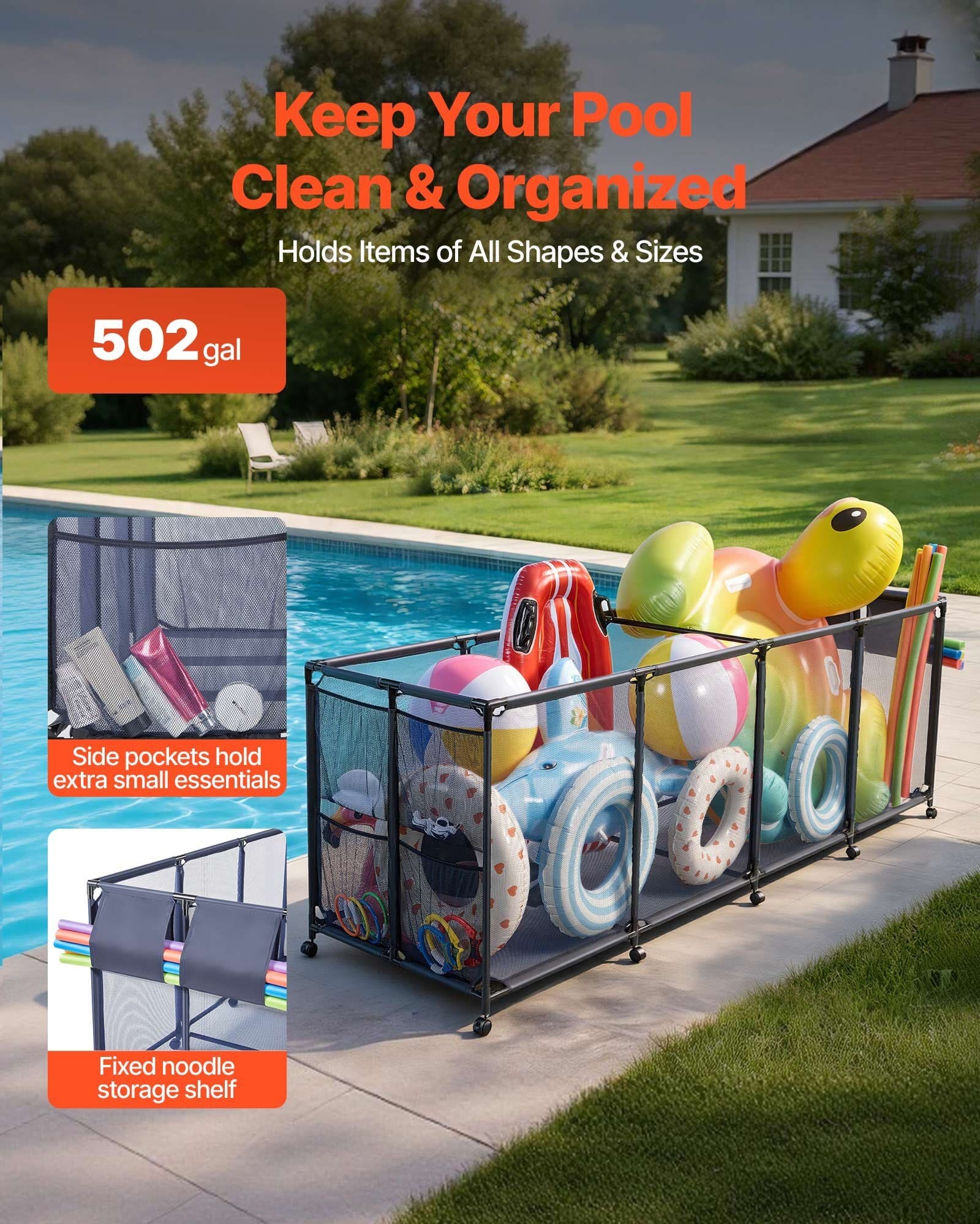 Pool Storage Bin, 103 x 32 x 35 in, Rolling Pool Float Storage Organizer with Side Pockets & Noodles Holder, Durable Metal Frame, Poolside Toys Breathable Mesh Basket for Swimming Pools