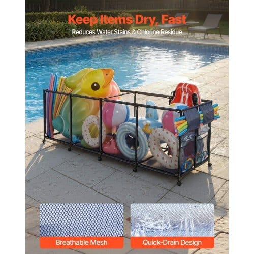 Pool Storage Bin, 103 x 32 x 35 in, Rolling Pool Float Storage Organizer with Side Pockets & Noodles Holder, Durable Metal Frame, Poolside Toys Breathable Mesh Basket for Swimming Pools