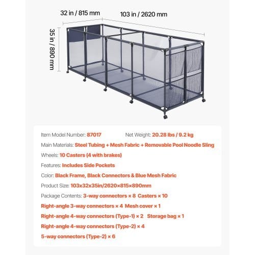 Pool Storage Bin, 103 x 32 x 35 in, Rolling Pool Float Storage Organizer with Side Pockets & Noodles Holder, Durable Metal Frame, Poolside Toys Breathable Mesh Basket for Swimming Pools