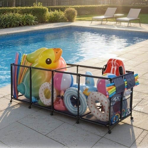 Pool Storage Bin, 103 x 32 x 35 in, Rolling Pool Float Storage Organizer with Side Pockets & Noodles Holder, Durable Metal Frame, Poolside Toys Breathable Mesh Basket for Swimming Pools