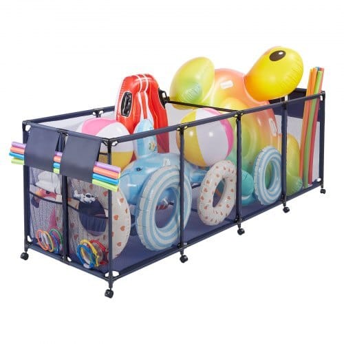 Pool Storage Bin, 103 x 32 x 35 in, Rolling Pool Float Storage Organizer with Side Pockets & Noodles Holder, Durable Metal Frame, Poolside Toys Breathable Mesh Basket for Swimming Pools