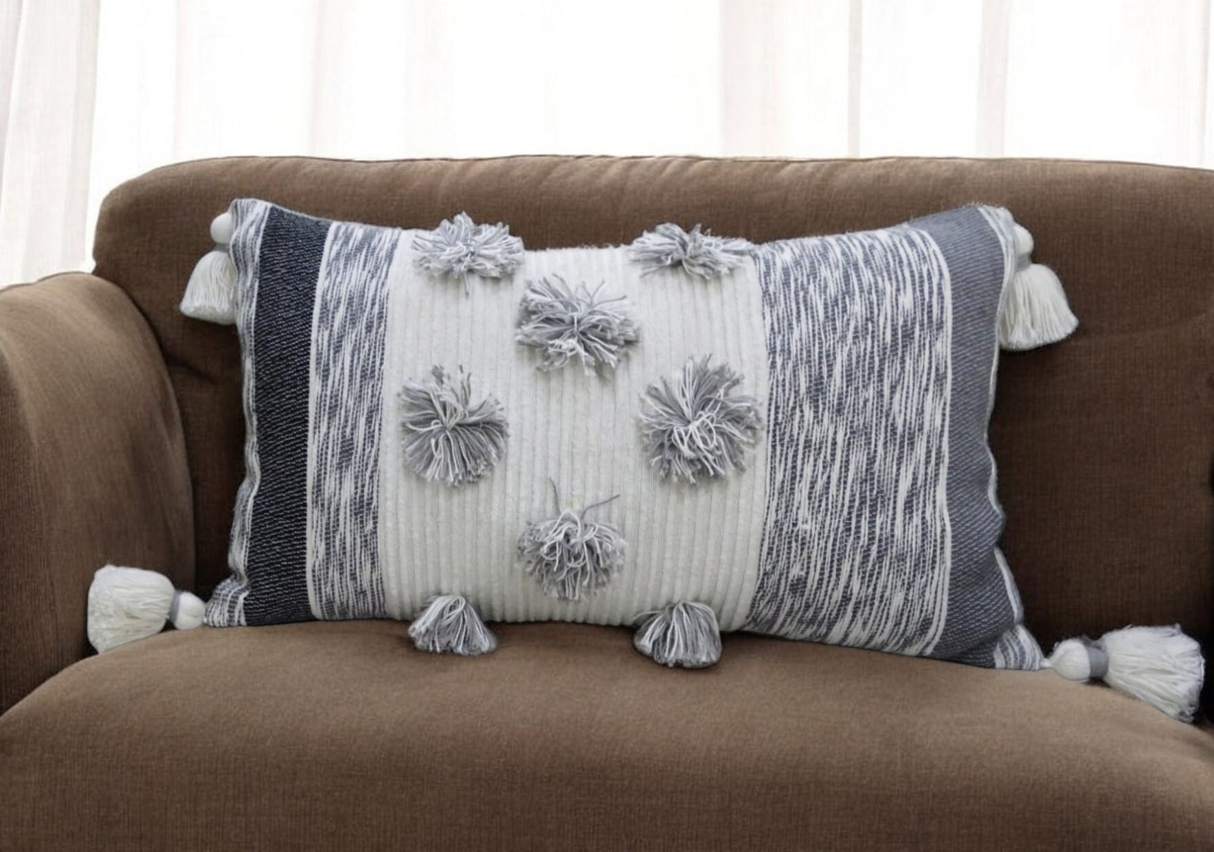 14" X 24" White and Gray Striped Cotton Blend Lumbar Throw Pillow With Pom-poms and Tassels