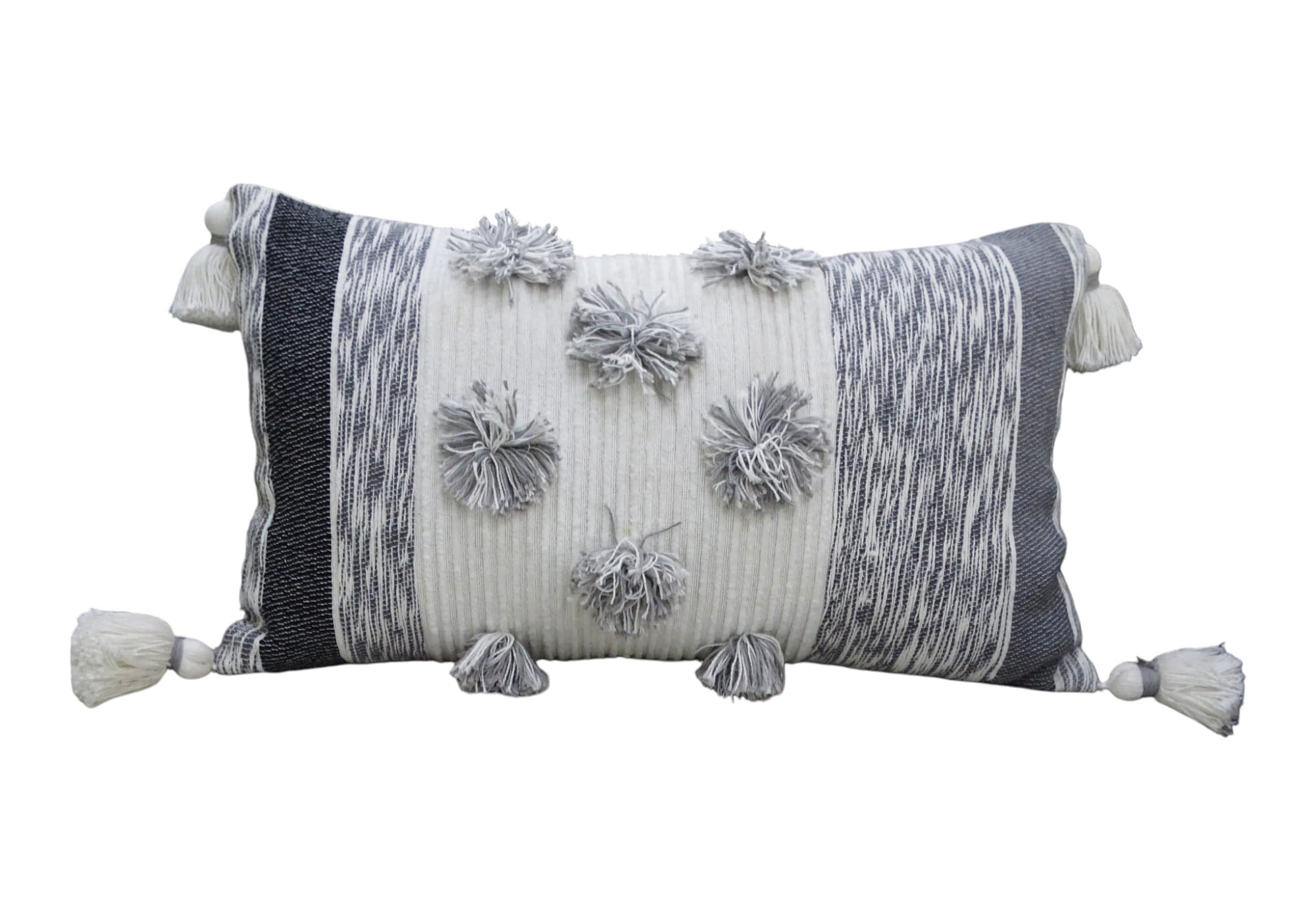 14" X 24" White and Gray Striped Cotton Blend Lumbar Throw Pillow With Pom-poms and Tassels