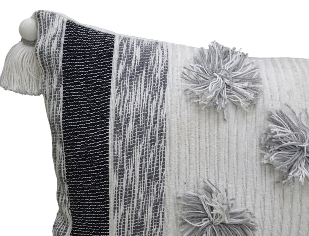 14" X 24" White and Gray Striped Cotton Blend Lumbar Throw Pillow With Pom-poms and Tassels