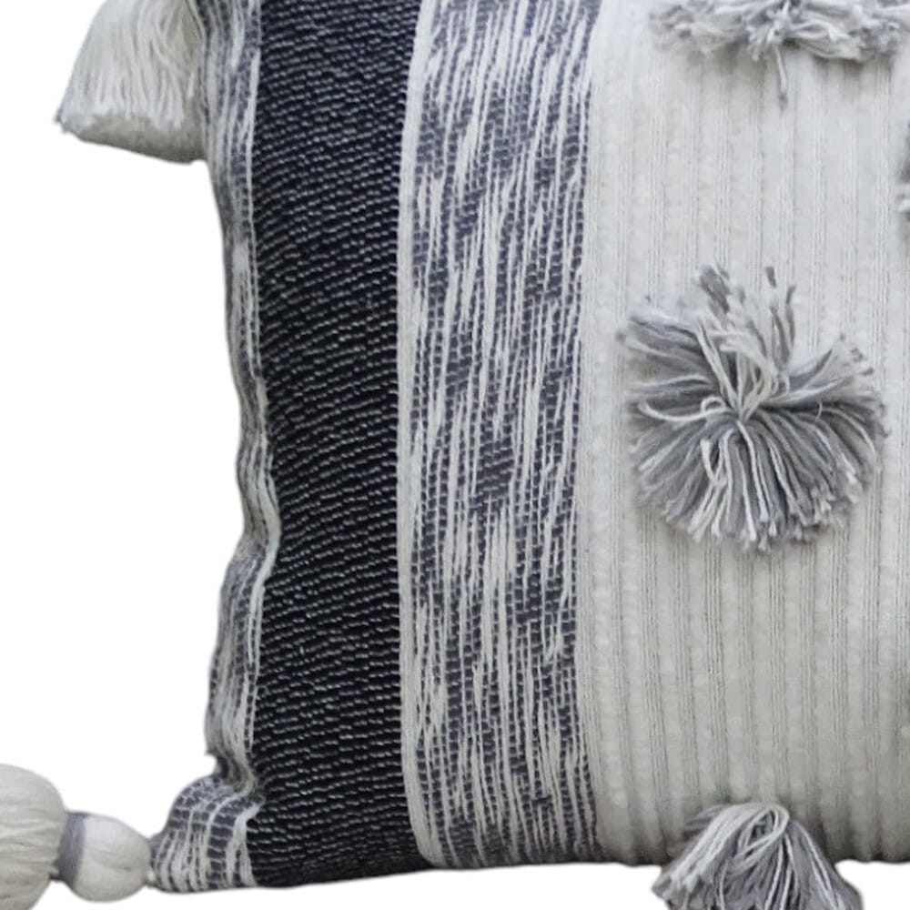 14" X 24" White and Gray Striped Cotton Blend Lumbar Throw Pillow With Pom-poms and Tassels
