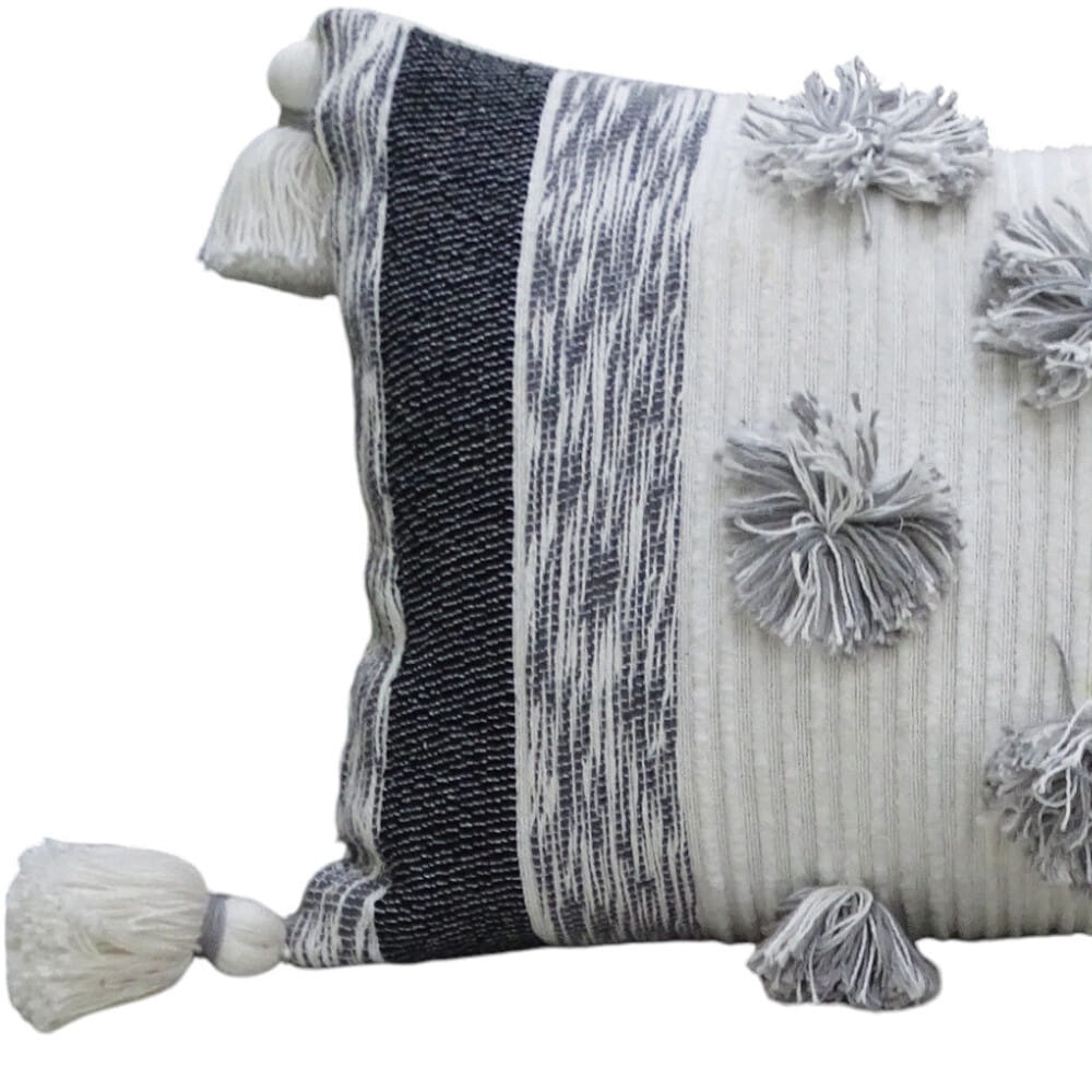 14" X 24" White and Gray Striped Cotton Blend Lumbar Throw Pillow With Pom-poms and Tassels