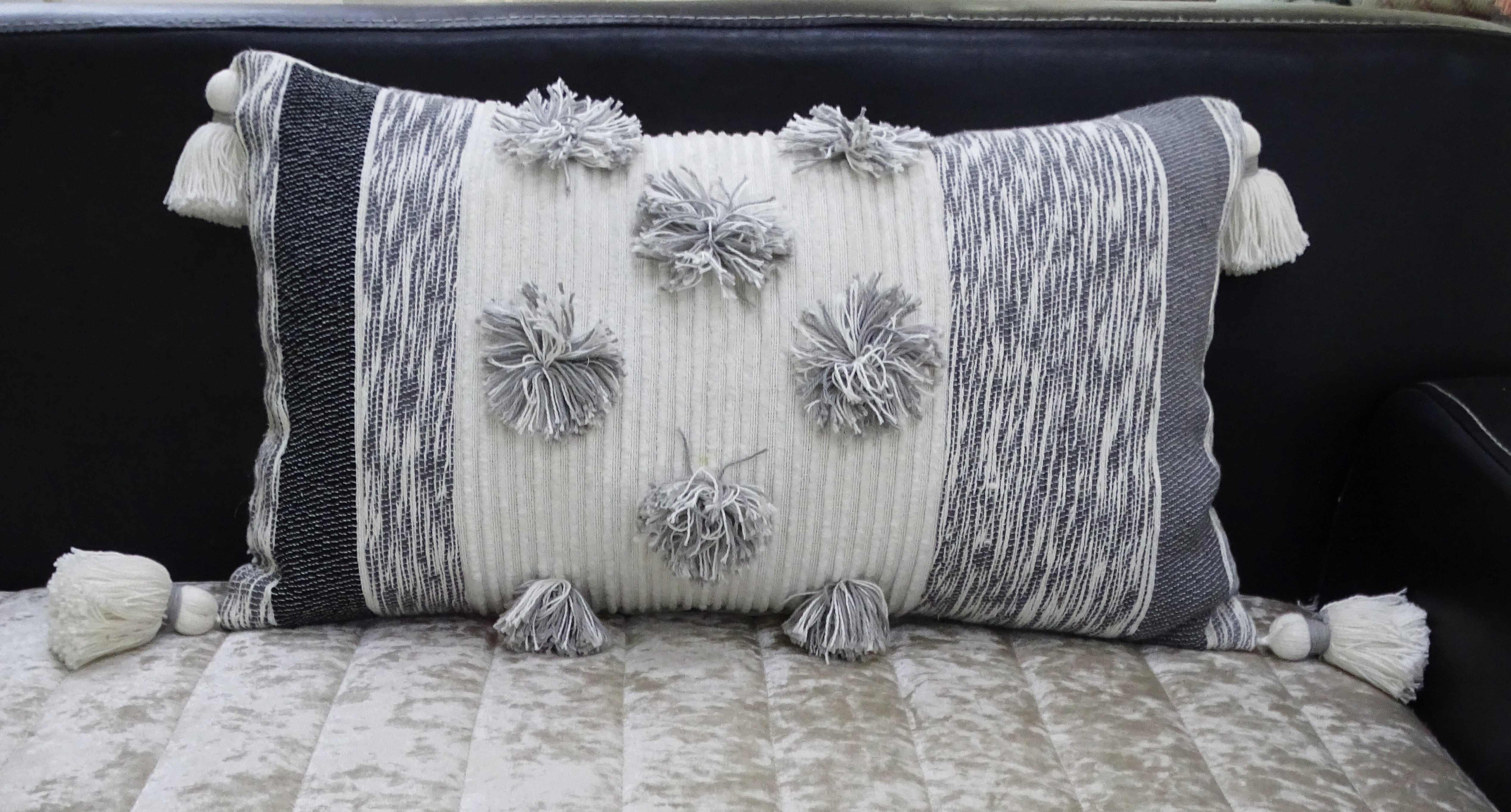 14" X 24" White and Gray Striped Cotton Blend Lumbar Throw Pillow With Pom-poms and Tassels