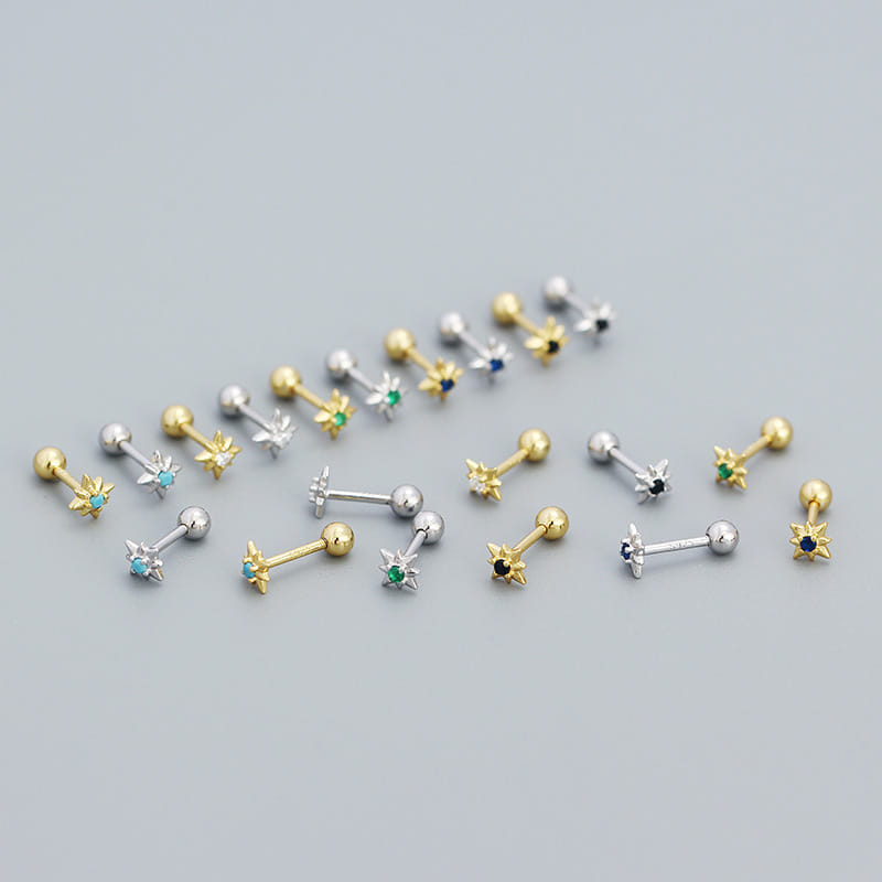Mini CZ Eight Pointed Star Screw 925 Sterling Silver Stud Earrings