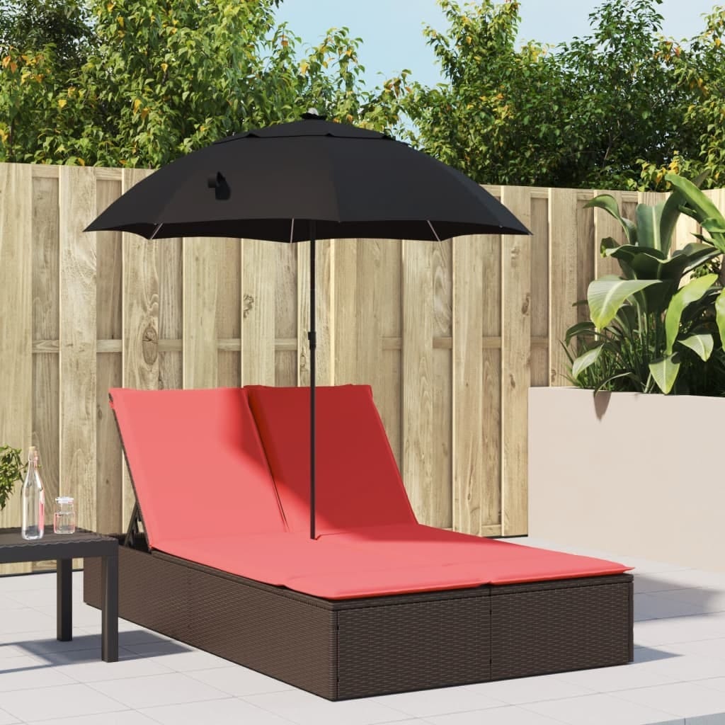 Double Sun Lounger with Cushions&Parasol Brown Poly Rattan