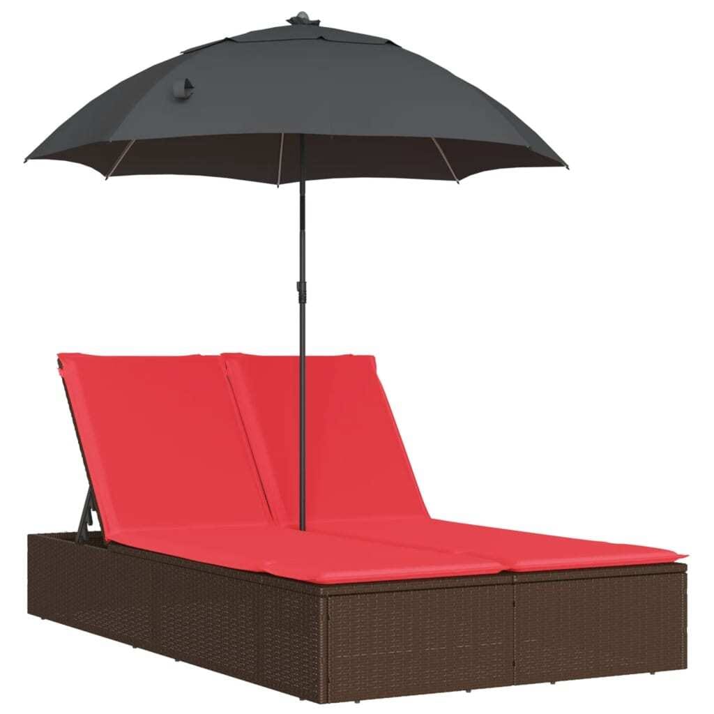 Double Sun Lounger with Cushions&Parasol Brown Poly Rattan