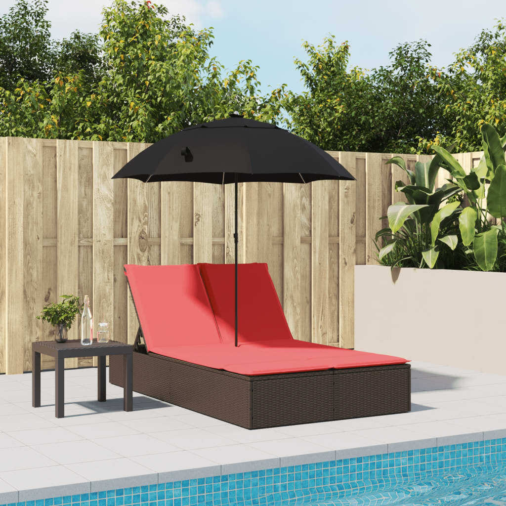 Double Sun Lounger with Cushions&Parasol Brown Poly Rattan