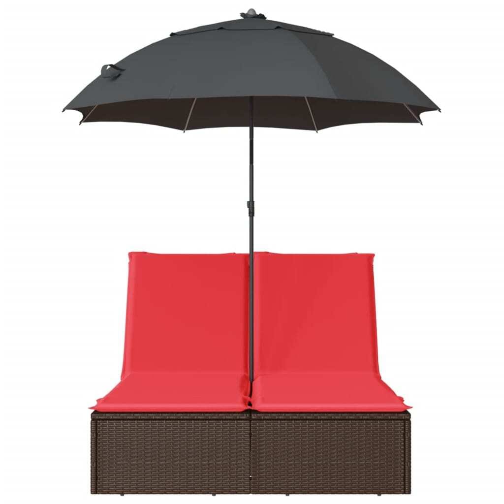 Double Sun Lounger with Cushions&Parasol Brown Poly Rattan