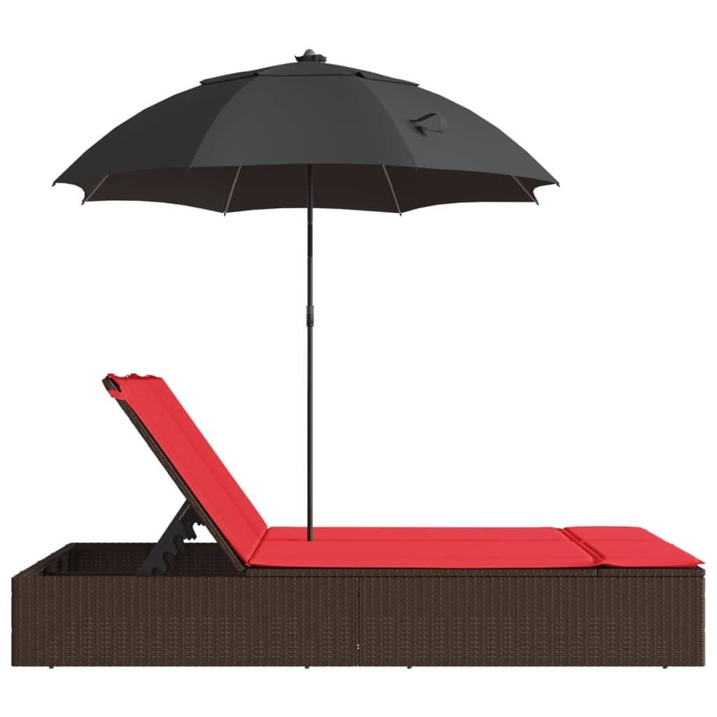 Double Sun Lounger with Cushions&Parasol Brown Poly Rattan
