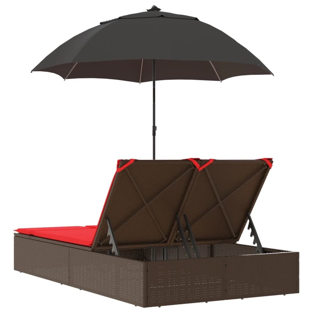 Double Sun Lounger with Cushions&Parasol Brown Poly Rattan