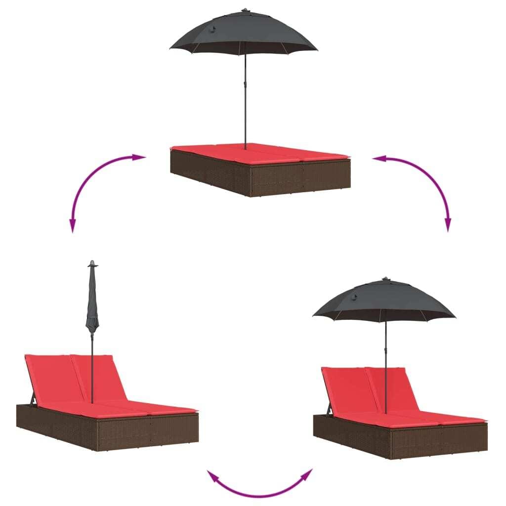 Double Sun Lounger with Cushions&Parasol Brown Poly Rattan