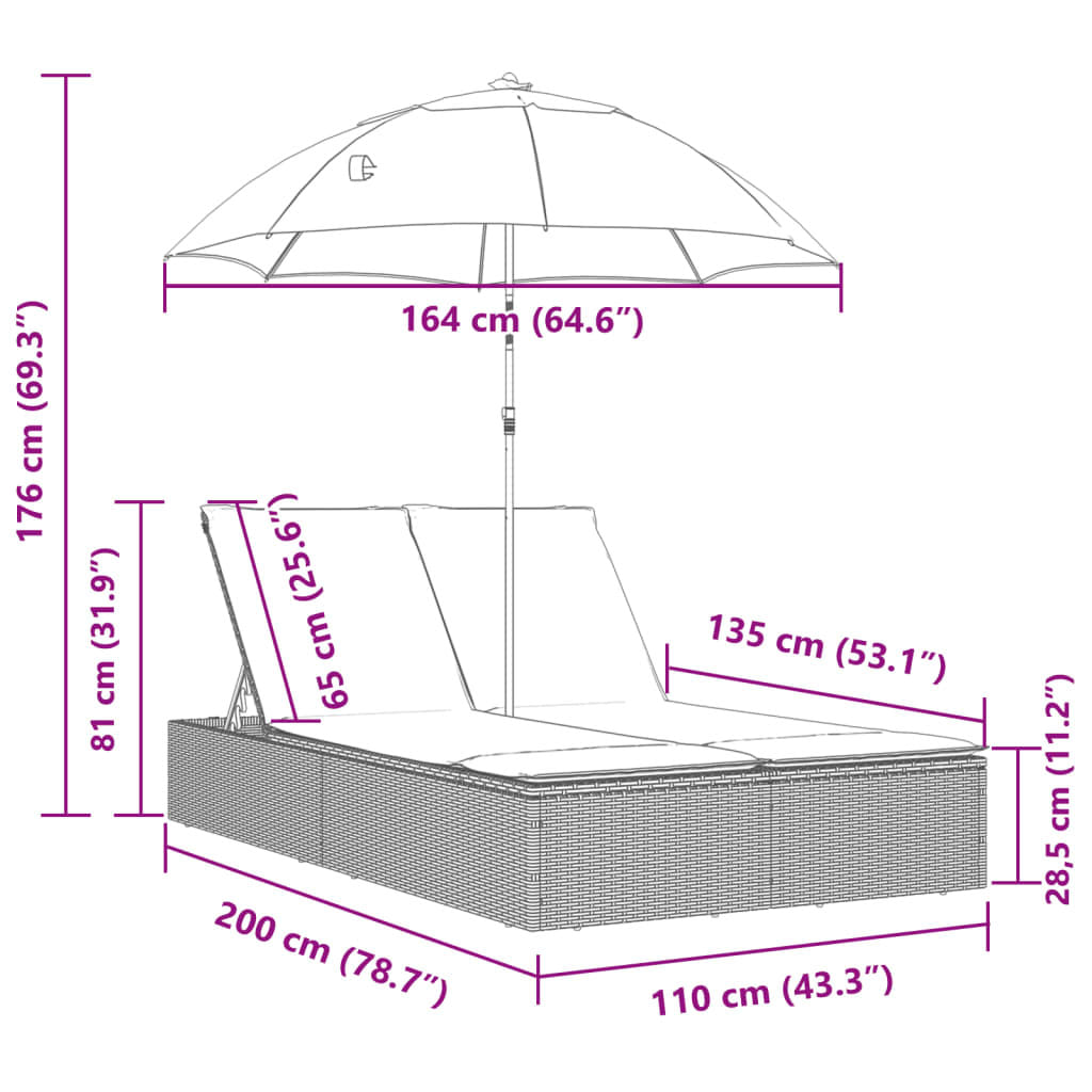 Double Sun Lounger with Cushions&Parasol Brown Poly Rattan
