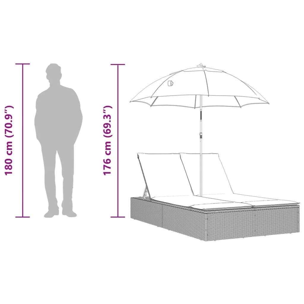 Double Sun Lounger with Cushions&Parasol Brown Poly Rattan