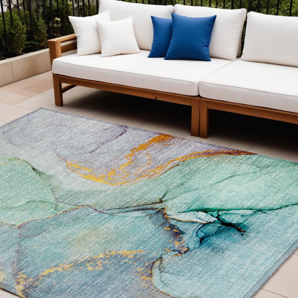 10' X 14' Teal Abstract Washable Non Skid Indoor Outdoor Area Rug