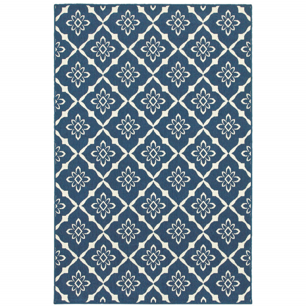 2' X 3' Blue and Ivory Floral Stain Resistant Indoor Outdoor Area Rug