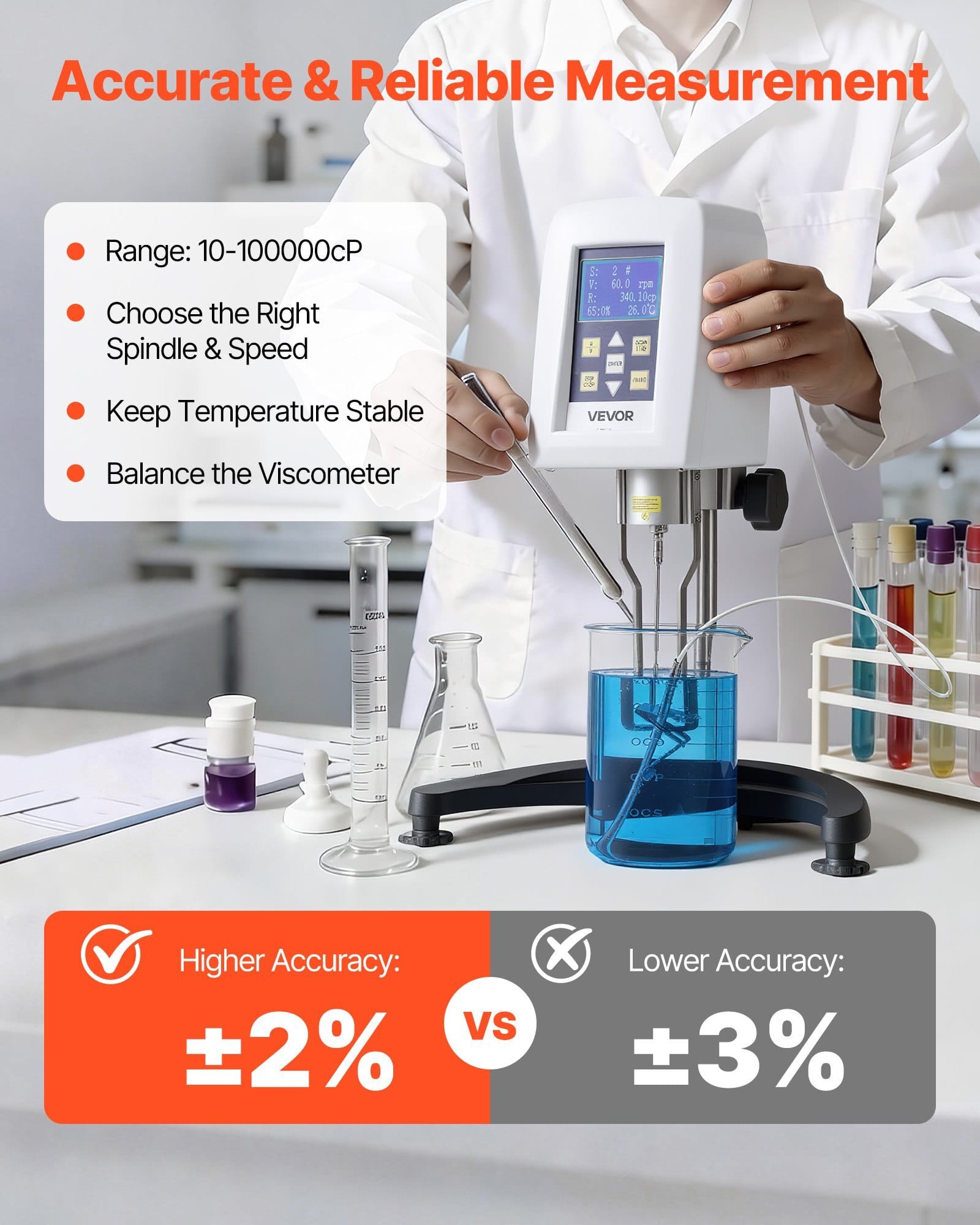 Digital Rotary Viscometer, 10-100,000 mPa.s(cP), ?±2% Accuracy, 100-240V Digital Rotational Viscosity Meter with 4 Rotors and Temperature Probe, LCD Display, Lab Viscometer for Fluid Testing