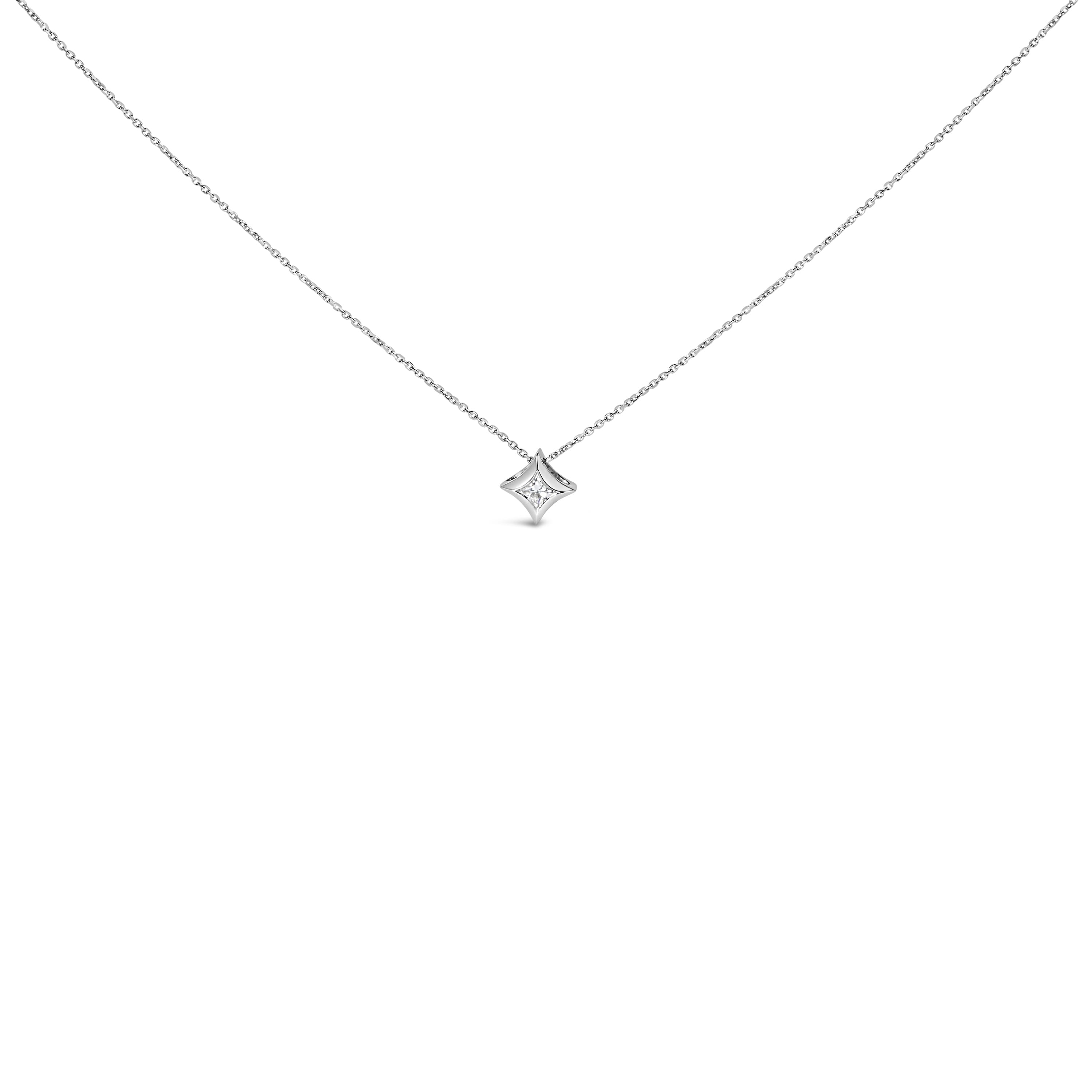 10K White Gold 1/10 Cttw Bezel Set Solitaire Princess Cut Diamond Kite Shaped Pendent Necklace - 18" Inches