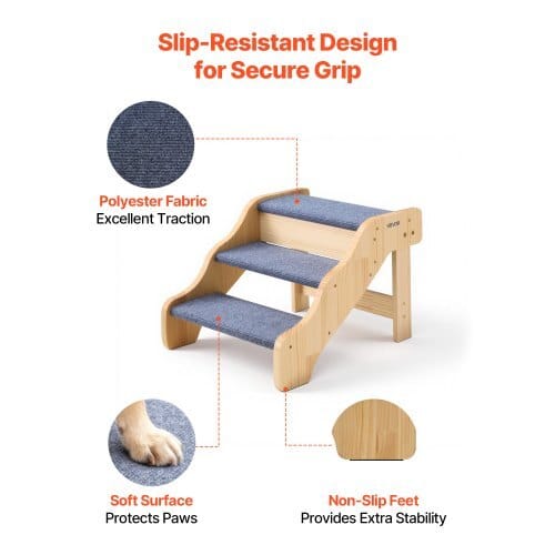 Wood Pet Stairs, 3-Step Dog Stairs for High Beds, Sofa & Cars, 150lbs Load Capacity, Non-Slip Surface, Stable Cat & Dog Step Ladder for Small Medium Large Older Pet Puppy Essentials