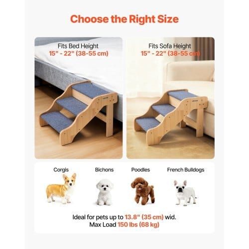 Wood Pet Stairs, 3-Step Dog Stairs for High Beds, Sofa & Cars, 150lbs Load Capacity, Non-Slip Surface, Stable Cat & Dog Step Ladder for Small Medium Large Older Pet Puppy Essentials